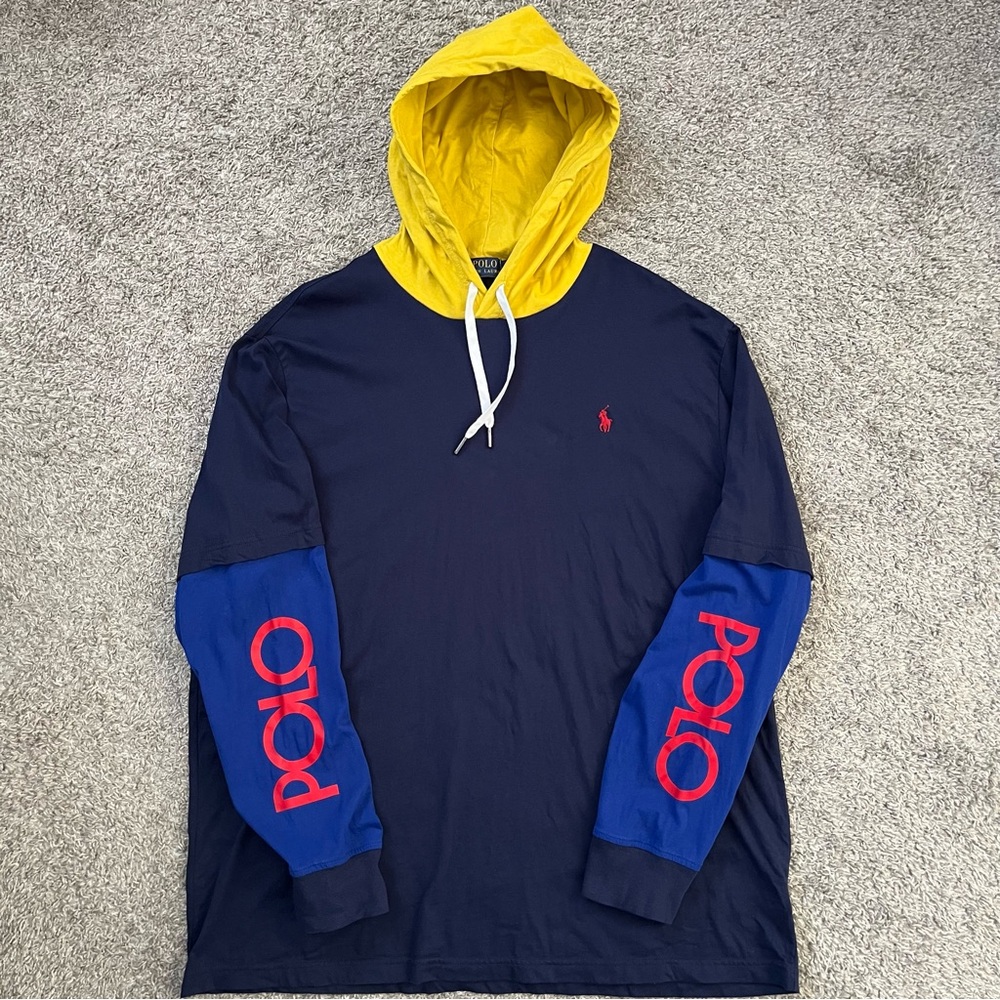 🔴Polo Ralph Lauren Longsleeves Shirt Size XL Hood Navy Yellow